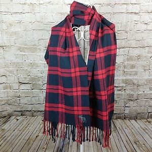 Plaid Scarf Red Blue Fringe